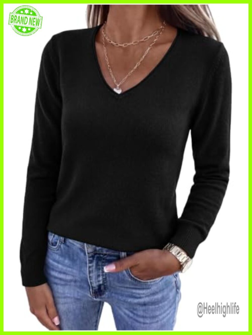 Womens V Neck Long Sleeve Pullover Sweater Lightweight Ribbed Knit Casual